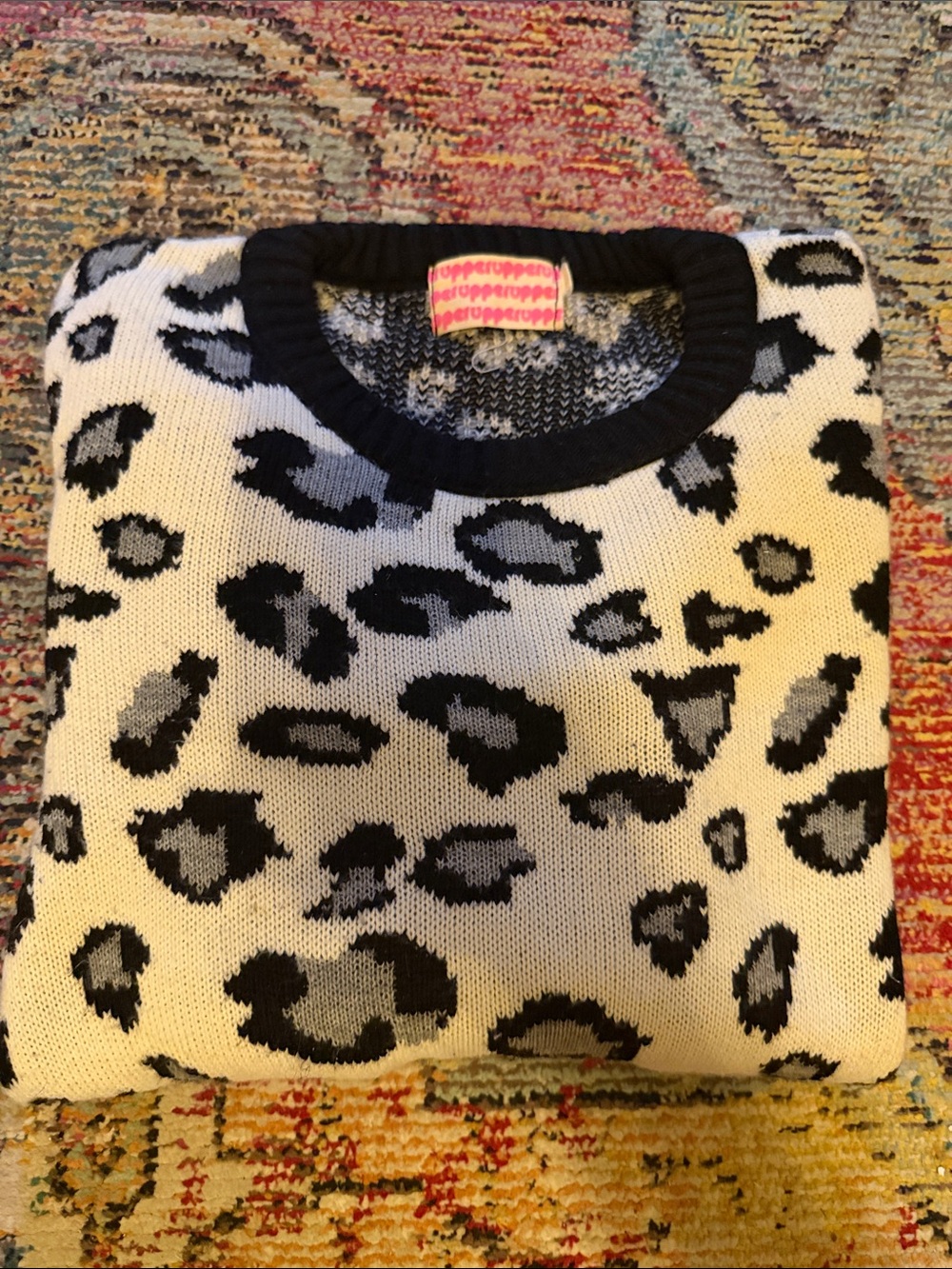 Leopard Pattern Crewneck Sweater - Black and Cream